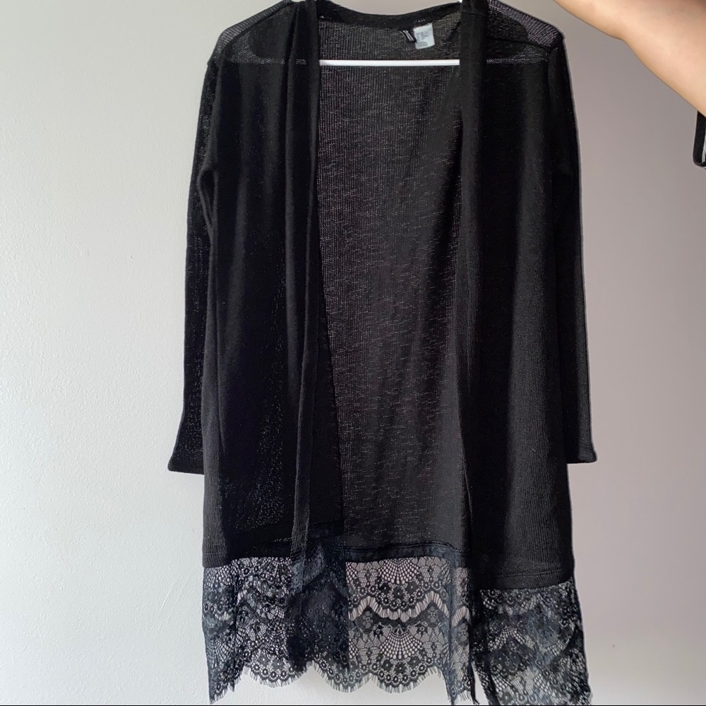 women's black cardigan with lace detail.